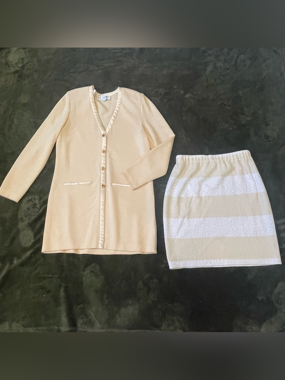 St. John Cream Knit Cardigan with Amber Jewel Button and skirt size 6